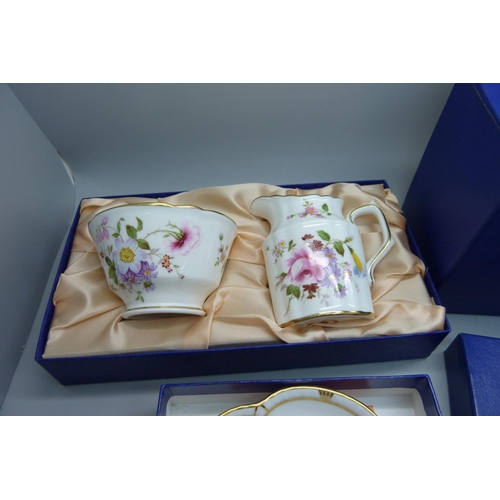 634 - A Royal Crown Derby Derby Posies pin dish and cream jug and sugar bowl, all boxed