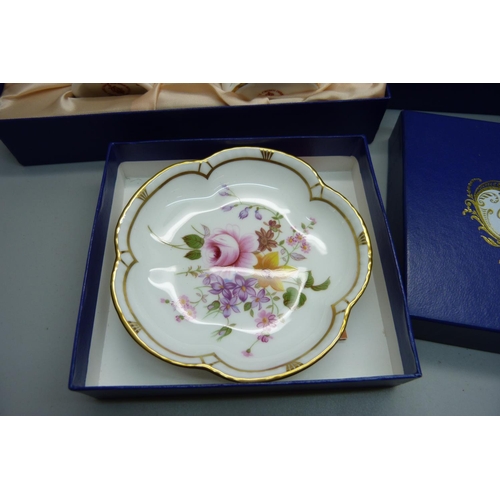 634 - A Royal Crown Derby Derby Posies pin dish and cream jug and sugar bowl, all boxed