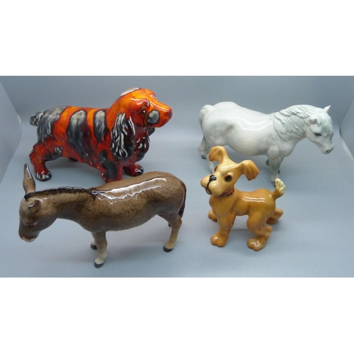 641 - Three Beswick figures including a donkey and an Anita Harris dog, signed S Johnson