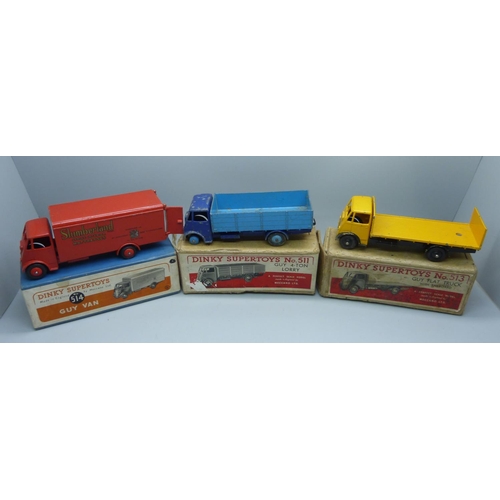 644 - A Dinky Supertoys no.504 Guy Van, a Dinky Supertoys no.513 Guy Flat Truck, and no.511 Guy 4-Tonne Lo... 