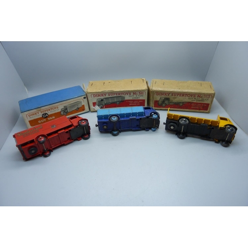 644 - A Dinky Supertoys no.504 Guy Van, a Dinky Supertoys no.513 Guy Flat Truck, and no.511 Guy 4-Tonne Lo... 