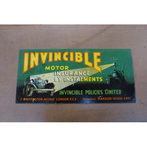 646 - A 1930's lithograph printed tin Invincible Motor Insurance sign