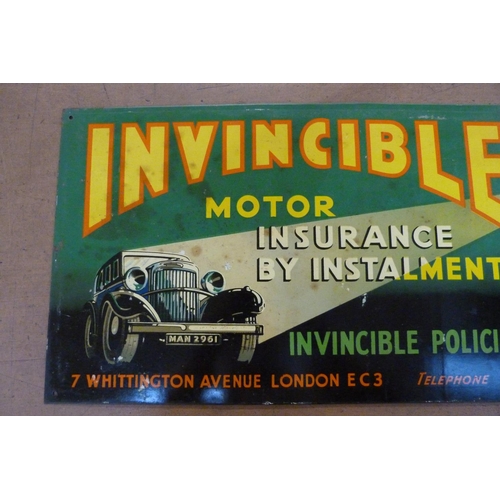 646 - A 1930's lithograph printed tin Invincible Motor Insurance sign