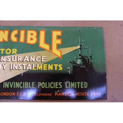 646 - A 1930's lithograph printed tin Invincible Motor Insurance sign