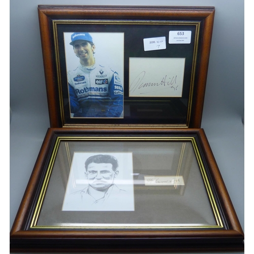 653 - Two framed and mounted photographs and autographs, Harold Larwood and Damon Hill