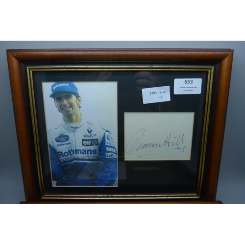 653 - Two framed and mounted photographs and autographs, Harold Larwood and Damon Hill