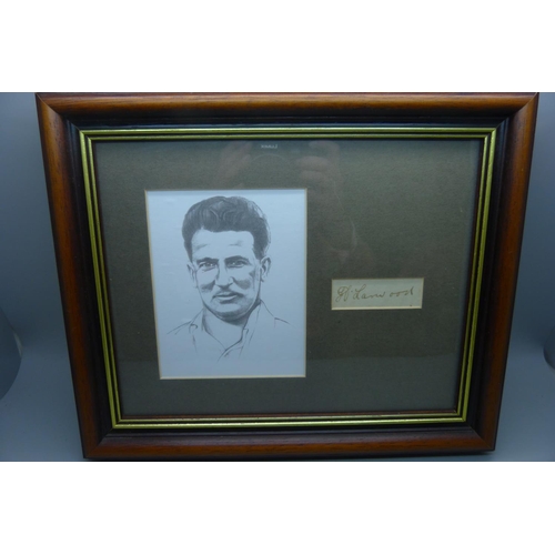 653 - Two framed and mounted photographs and autographs, Harold Larwood and Damon Hill