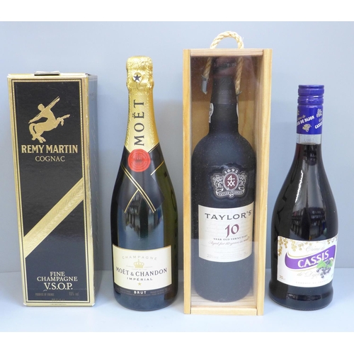 680 - Four bottles of alcohol; Taylor's 10 Year Old Tawny, Remy Martin fine champagne, Moet & Chandon cham... 