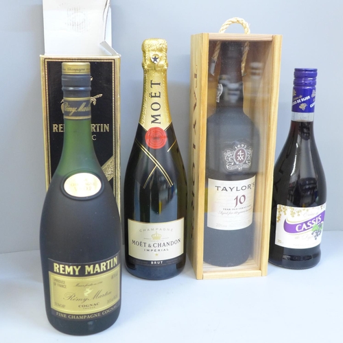 680 - Four bottles of alcohol; Taylor's 10 Year Old Tawny, Remy Martin fine champagne, Moet & Chandon cham... 