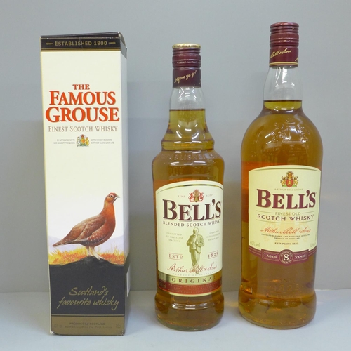 681 - Three bottles of whisky; The Famous Grouse and two Bell's