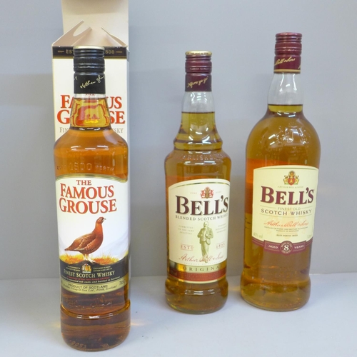 681 - Three bottles of whisky; The Famous Grouse and two Bell's