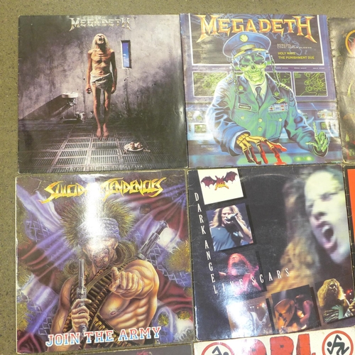 685 - A collection of sixteen metal LP records, Slayer, Megadeth, Dawn Angel, Kreator, Nuclear Assault, et... 