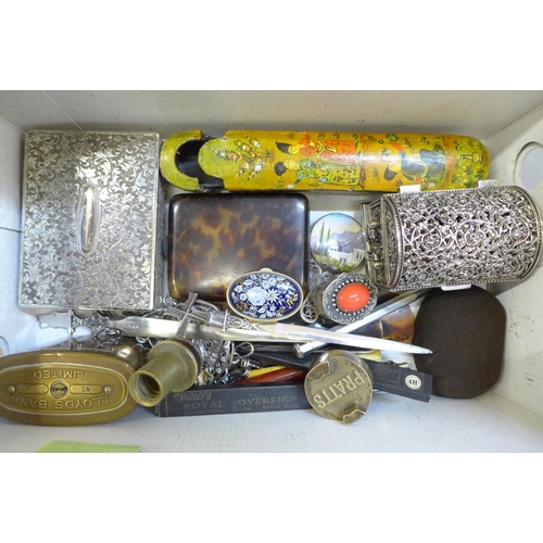 690 - A silver plated box containing cuff links, studs, plus letter openers and trinket pots, etc.