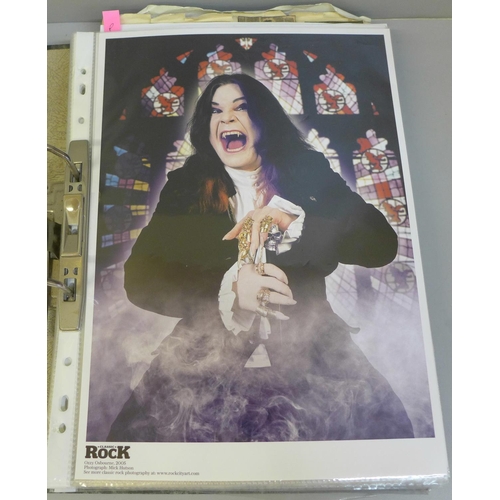 703 - A folder containing classic rock colour photographs (6), including Ozzy Osborne and football scrap f... 