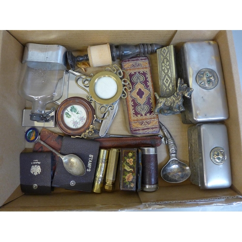 704 - Assorted items including two glass trinket boxes with cat detail to the lids, lipsticks, spoons, etc... 