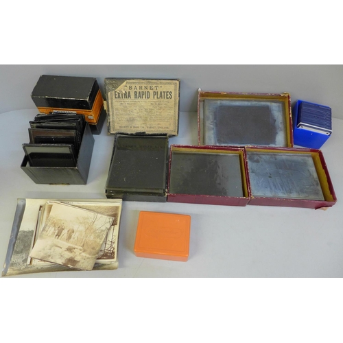 708 - Five boxes of glass negatives, Edwardian scenes, railway station, races, offices, etc., a box of sli... 