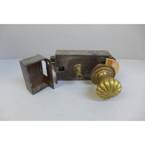 710 - A late 19th Century large and heavy door lock with key, possibly French