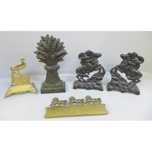 721 - Victorian cast iron figures, Napoleon on horseback (pair), a wheatsheaf with original paint, a brass... 