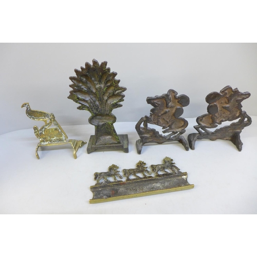 721 - Victorian cast iron figures, Napoleon on horseback (pair), a wheatsheaf with original paint, a brass... 