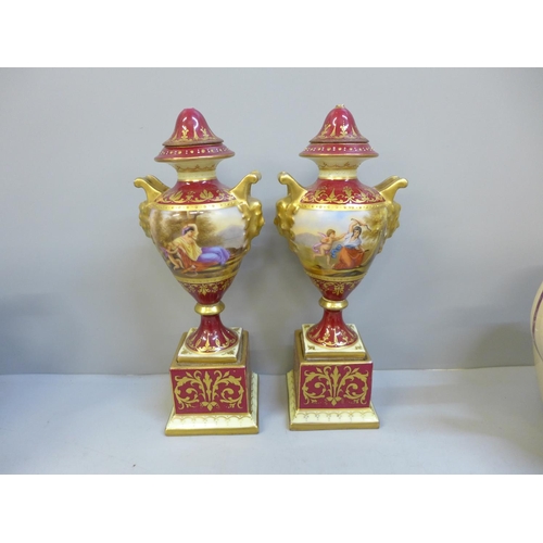 729 - A pair of Vienna vases, tops a/f, a pair of Sunderland lustre jugs, a blue and white jug and an Asia... 