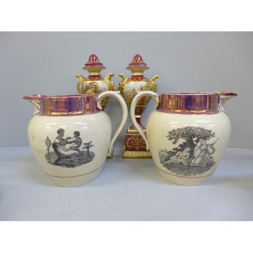 729 - A pair of Vienna vases, tops a/f, a pair of Sunderland lustre jugs, a blue and white jug and an Asia... 