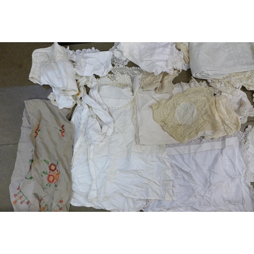 732 - A box of 19th Century and later lace edged linen, table cloths, doilies, plus needlework linen, mate... 