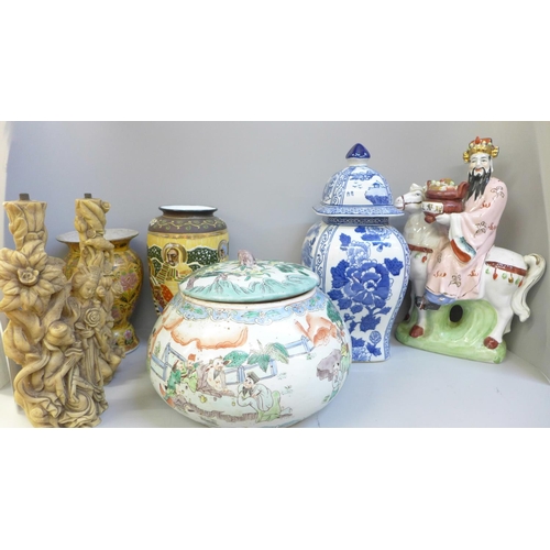 751 - Chinese ceramics and two resin figures, includes a large lidded pot decorated with Chinese figures