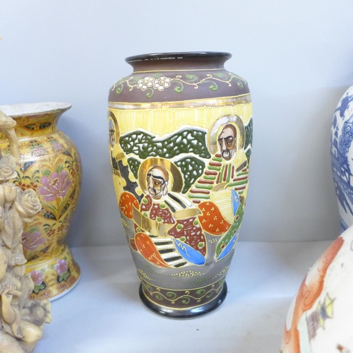 751 - Chinese ceramics and two resin figures, includes a large lidded pot decorated with Chinese figures