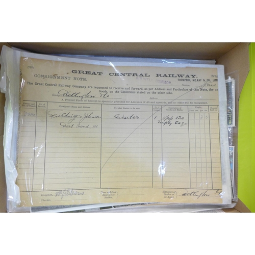 759 - Railwayana; a box of railway ephemera including official forms, postcards, pictures of stations, sta... 