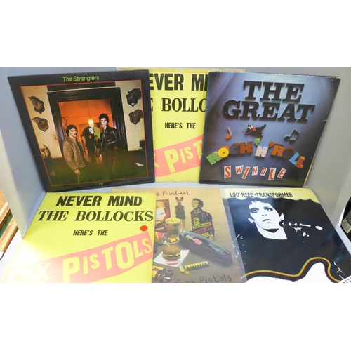 762 - Eight LP records including two Sex Pistols Never Mind the Bollocks