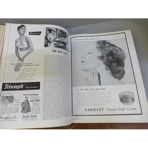 772 - The Queen Magazine, 1956, bound in three volumes, with vintage fashion, motoring and other adverts