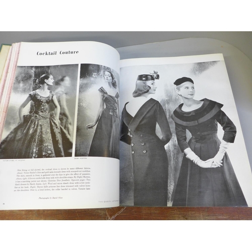 772 - The Queen Magazine, 1956, bound in three volumes, with vintage fashion, motoring and other adverts