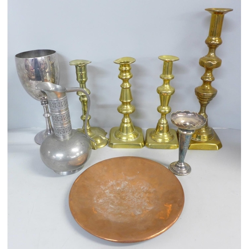 787 - A Haugrud Norway pewter jug, a Walker & Hall plated goblet, four candlesticks, etc.