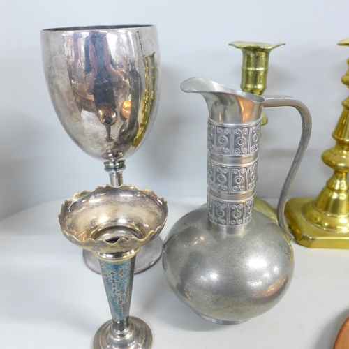 787 - A Haugrud Norway pewter jug, a Walker & Hall plated goblet, four candlesticks, etc.