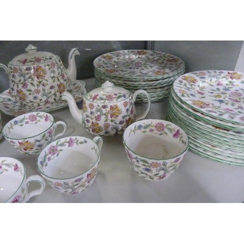 794 - Minton Haddon Hall tea and dinnerwares, ten dinner plates, twelve side plates, six soup bowls, six t... 