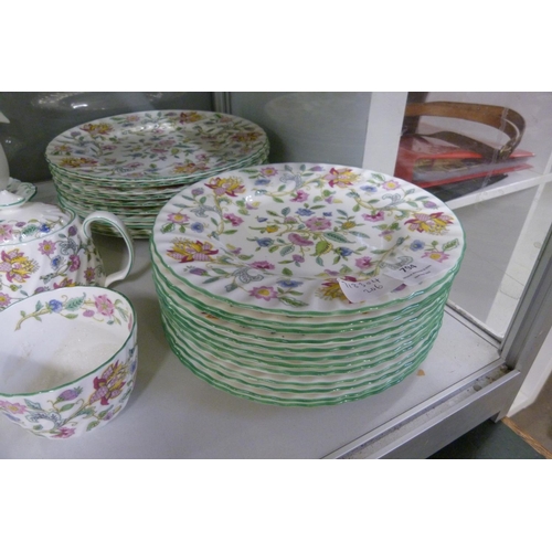 794 - Minton Haddon Hall tea and dinnerwares, ten dinner plates, twelve side plates, six soup bowls, six t... 