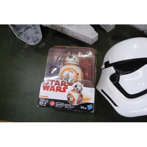 795 - Star Wars model Millennium Falcon, Stormtrooper (talking), BB-8, mask, R2D2 desk top vacuum, etc.