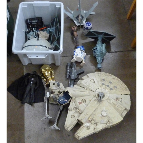 799 - Two boxes of Star Wars toys and figures including Millennium Falcon and At-At