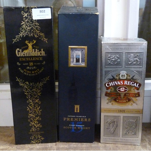 802 - Three boxes bottles of whisky; a Glenfiddich Aged 18 Years pure malt, rare old scotch whisky, Chivas... 