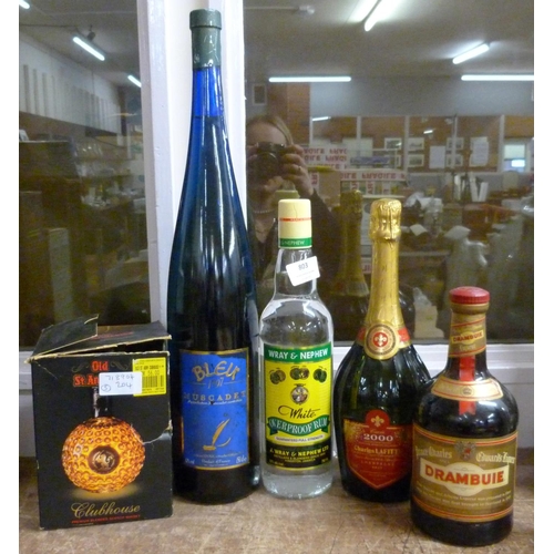 803 - Five bottles of wines and spirits; Old St. Andrews Clubhouse Premium Blended Scotch Whisky, Cuvee 20... 