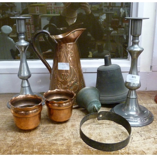 805 - A Beldray Art Nouveau copper pitcher, a pair of copper cups, bronze bell, a shop bell and a pair of ... 