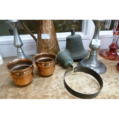 805 - A Beldray Art Nouveau copper pitcher, a pair of copper cups, bronze bell, a shop bell and a pair of ... 