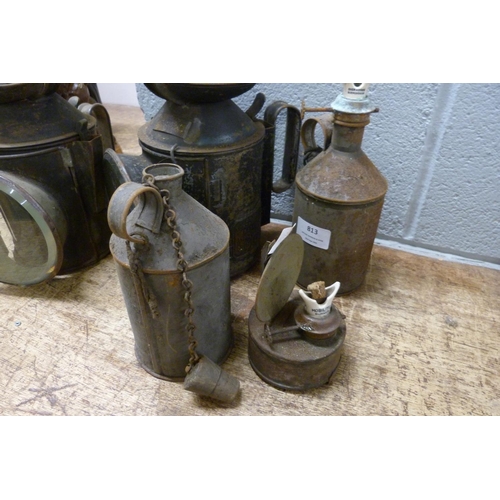 813 - Two London and North East Railway lamps with plaques stating Colwick Sidings, and three other lamps