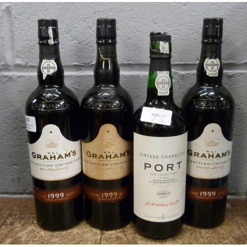 824 - Three bottles of Graham's vintage port, and a bottle of Oporto Vintage Character port