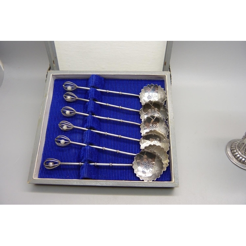 850 - A set of silver spoons, a Mouse pendant marked 925, a small Victorian silver vase with London import... 