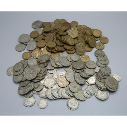 856 - A collection of 1920 to 1946 silver coinage, 636g, also a collection of 3d coins and other coins