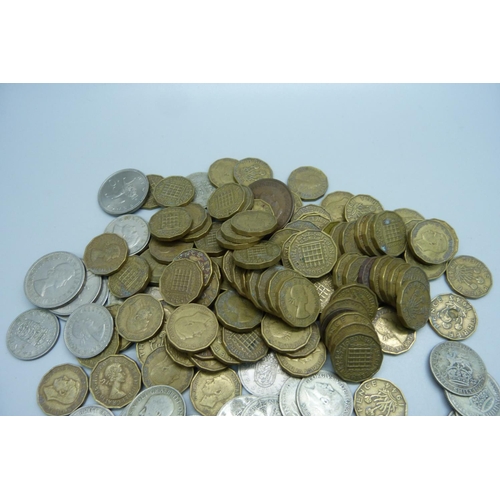 856 - A collection of 1920 to 1946 silver coinage, 636g, also a collection of 3d coins and other coins