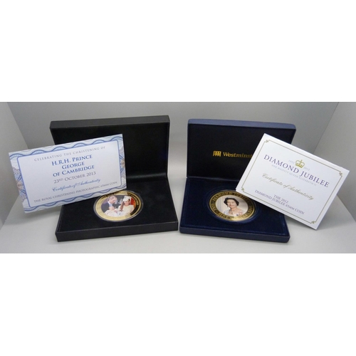 860 - Two large commemorative coins; HRH Prince George of Cambridge 2013 and 2012 Diamond Jubilee