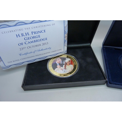 860 - Two large commemorative coins; HRH Prince George of Cambridge 2013 and 2012 Diamond Jubilee