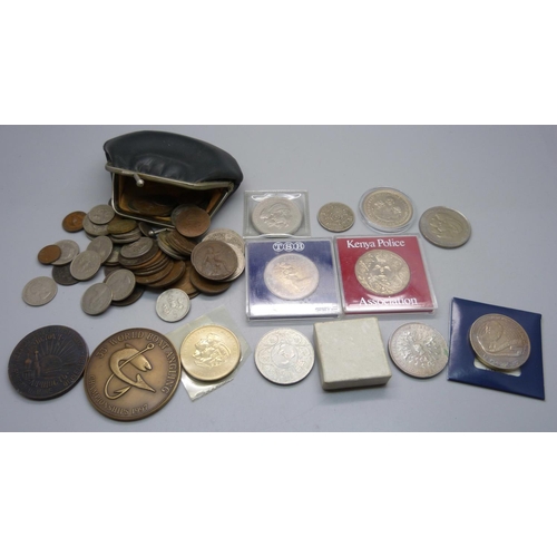 874 - A collection of coins, commemorative coins, medallions and a football fob medal